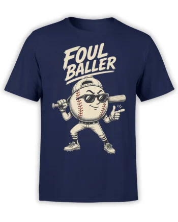 Foul Baller baseball character wearing sunglasses and holding a bat on a navy T-shirt