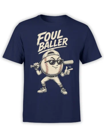 Foul Baller baseball character wearing sunglasses and holding a bat on a navy T-shirt