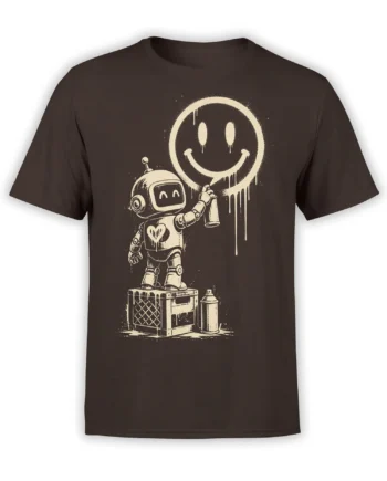 Dark brown robot T-shirt with a retro robot spray-painting a large dripping smiley face