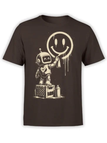 Dark brown robot T-shirt with a retro robot spray-painting a large dripping smiley face