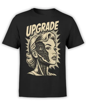 Black AI T-shirt with a cream cybernetic woman portrait, circuit details, and bold Upgrade lettering