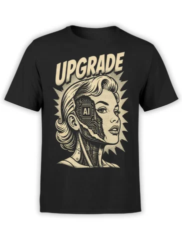 Black AI T-shirt with a cream cybernetic woman portrait, circuit details, and bold Upgrade lettering
