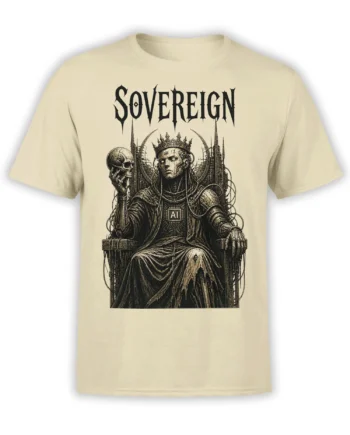 AI sovereign fantasy T-shirt in beige with a crowned ruler, skull, throne, and gothic SOVEREIGN lettering