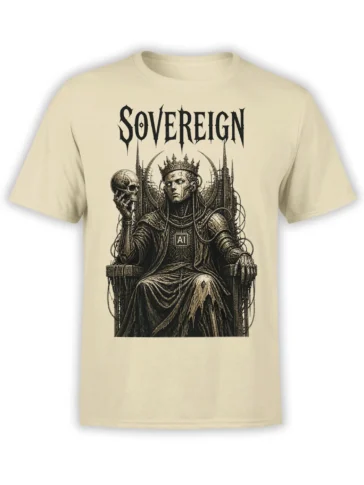 AI sovereign fantasy T-shirt in beige with a crowned ruler, skull, throne, and gothic SOVEREIGN lettering