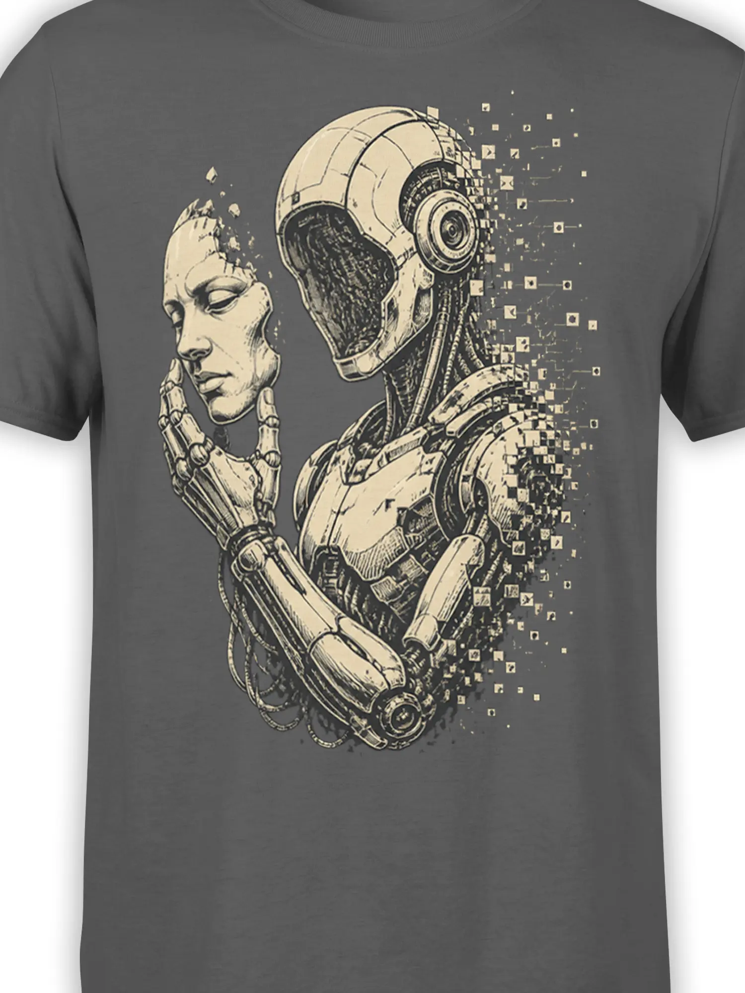 Close-up of humanoid robot artwork with mechanical hands and pixel fade on gray fabric