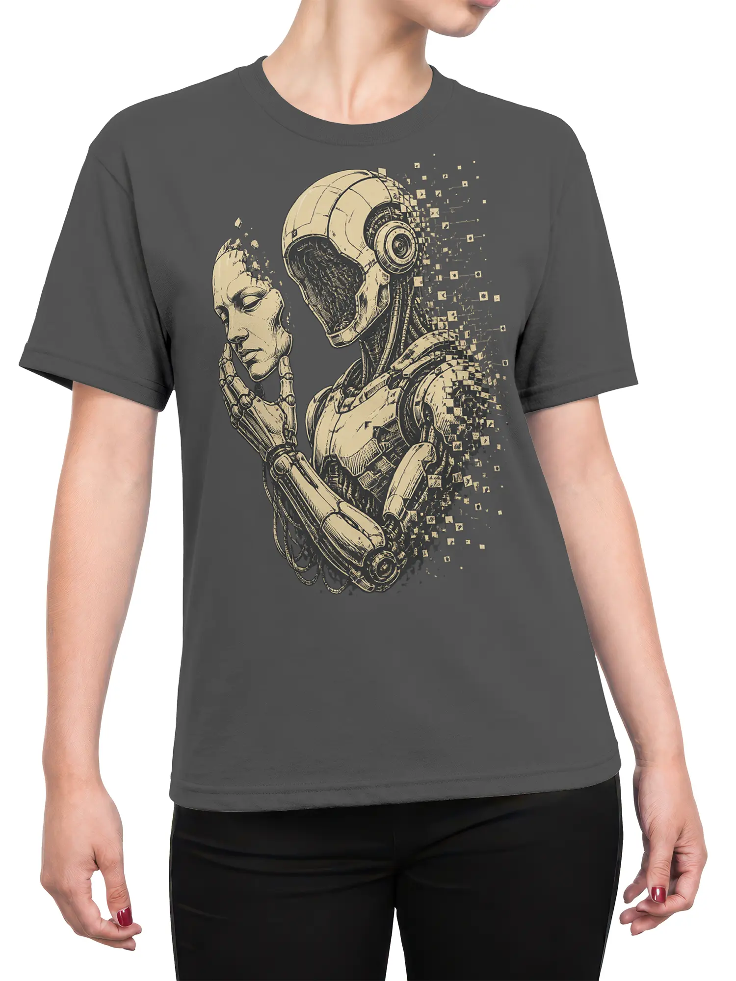 Female torso wearing a gray robot T-shirt with a contemplative mechanical figure and digital pixel artwork