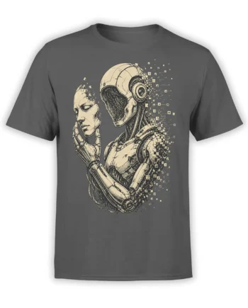 Contemplative humanoid robot with mechanical hands and digital pixel fragments on a gray T-shirt