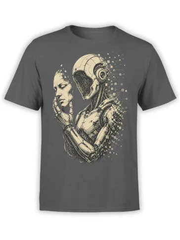 Contemplative humanoid robot with mechanical hands and digital pixel fragments on a gray T-shirt