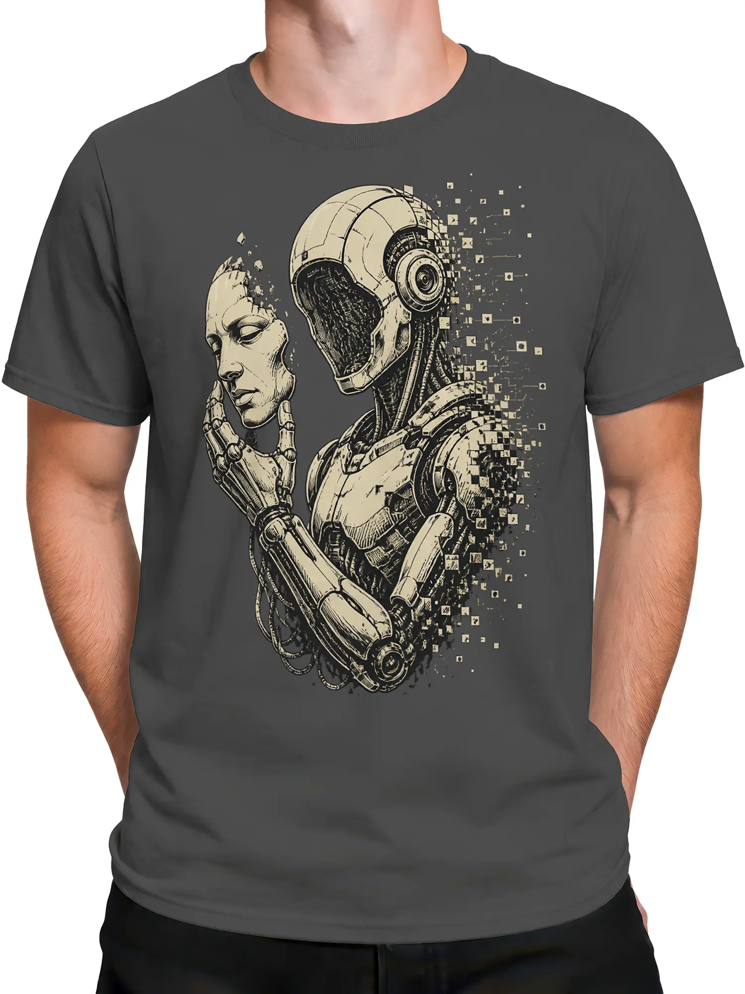 Male torso wearing a gray robot T-shirt with mechanical hands and futuristic digital artwork