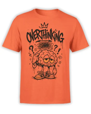 Orange T-shirt with a crowned cartoon brain, messy thought scribbles, and bold OVERTHINKING text