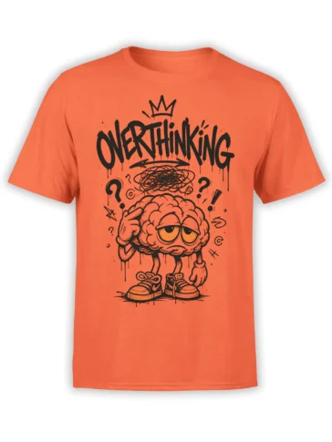 Orange T-shirt with a crowned cartoon brain, messy thought scribbles, and bold OVERTHINKING text