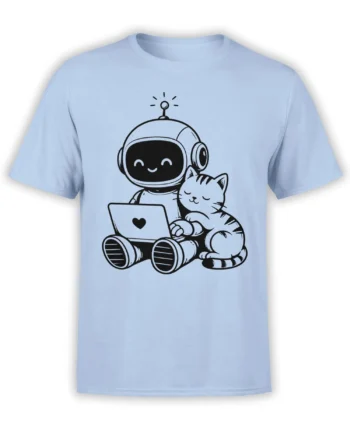 cute striped cat and friendly robot sharing a heart-decorated laptop on a light blue T-shirt
