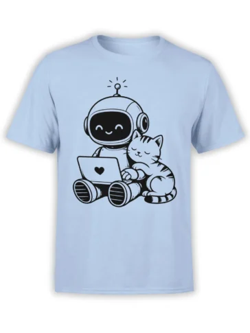 cute striped cat and friendly robot sharing a heart-decorated laptop on a light blue T-shirt