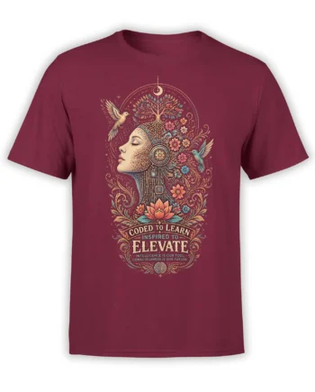Maroon inspirational T-shirt with a floral female profile, tree of life, hummingbirds, moon, lotus, and wisdom text