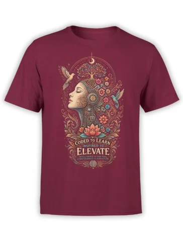 Maroon inspirational T-shirt with a floral female profile, tree of life, hummingbirds, moon, lotus, and wisdom text