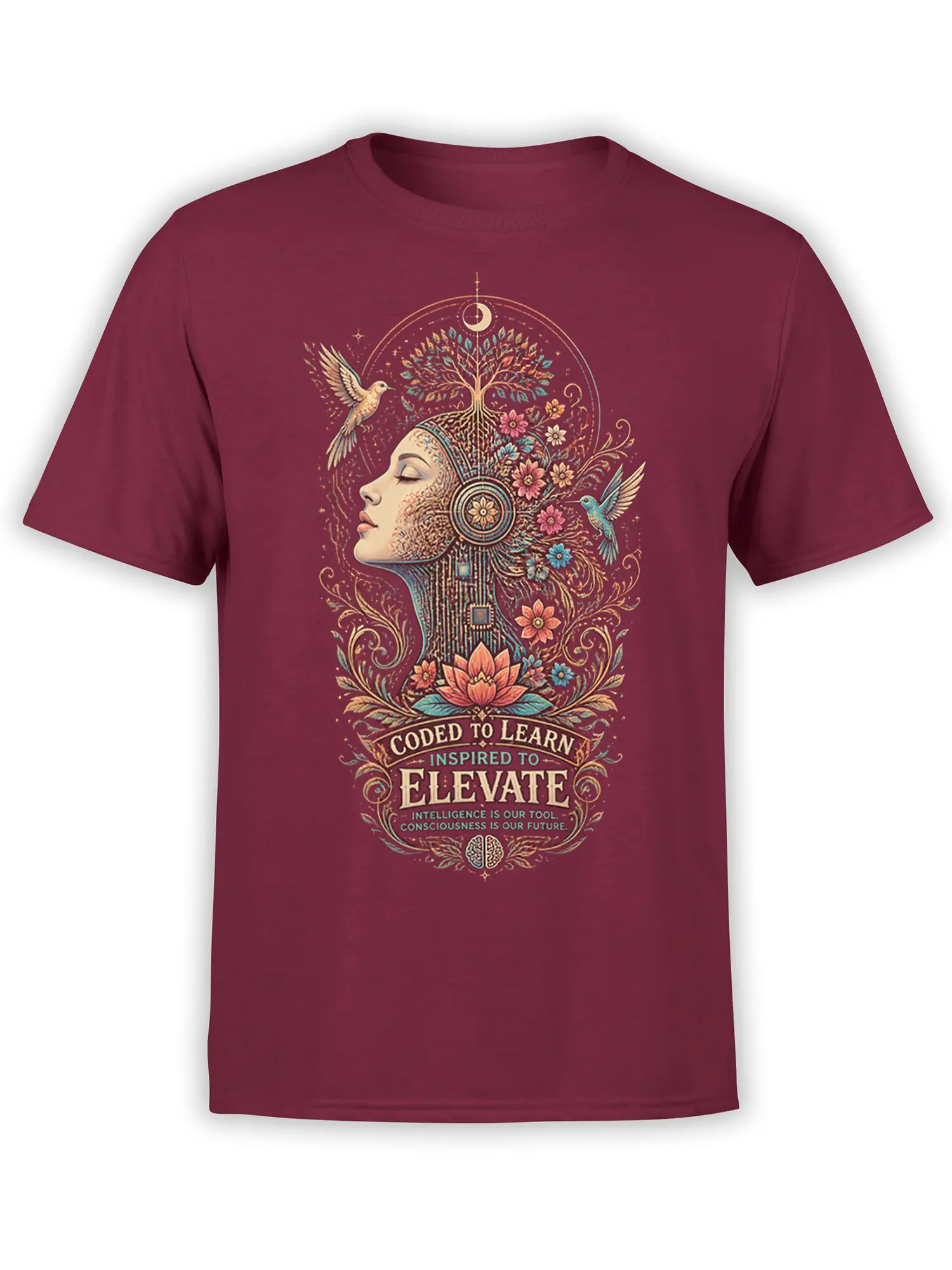Maroon inspirational T-shirt with a floral female profile, tree of life, hummingbirds, moon, lotus, and wisdom text