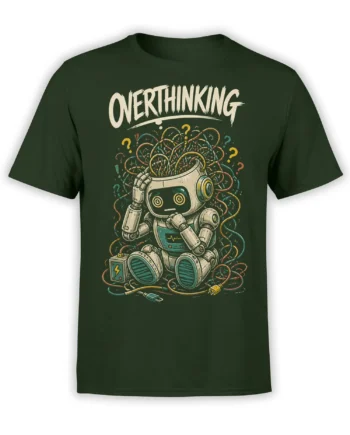 Overthinking robot T-shirt in green with tangled wires, question marks, lightning details, and retro cream lettering