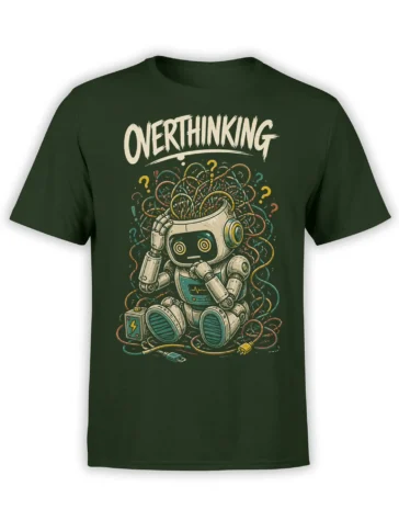 Overthinking robot T-shirt in green with tangled wires, question marks, lightning details, and retro cream lettering