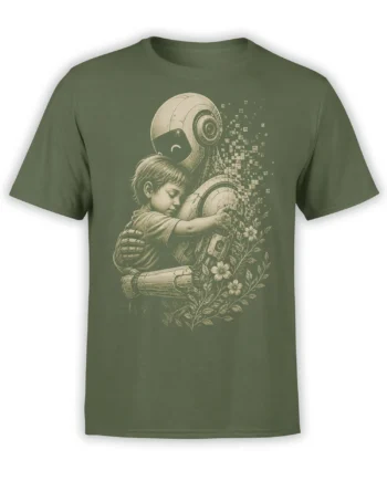 Olive green astronaut T-shirt showing a child reaching toward a fading armored space figure with flowers