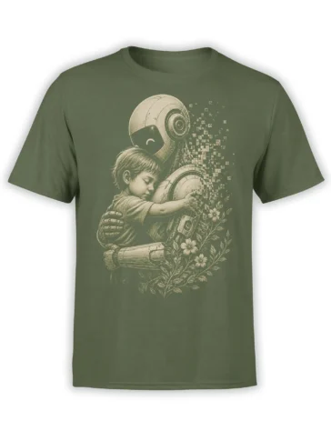 Olive green astronaut T-shirt showing a child reaching toward a fading armored space figure with flowers
