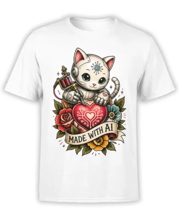 White T-shirt with a cute AI cat tattoo artist, circuit heart, flowers, and MADE WITH AI banner