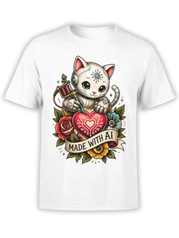 White T-shirt with a cute AI cat tattoo artist, circuit heart, flowers, and MADE WITH AI banner
