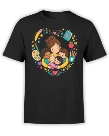 colorful adult and children hug design with hearts and art supplies on black T-shirt