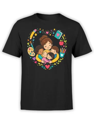 colorful adult and children hug design with hearts and art supplies on black T-shirt