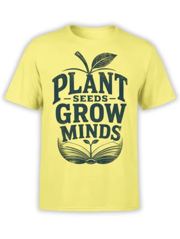 Yellow T-shirt with “Plant Seeds Grow Minds” lettering, an open book, and a sprouting plant