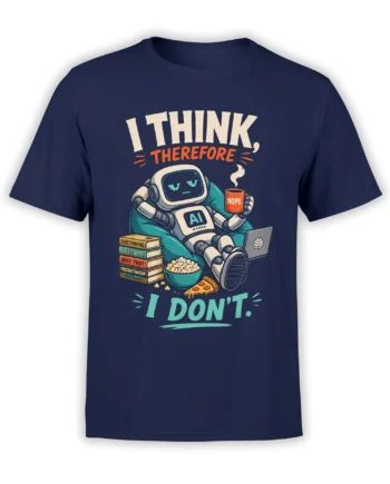 AI robot holding a “NOPE” mug with pizza, popcorn, books, and overthinking text on a navy T-shirt