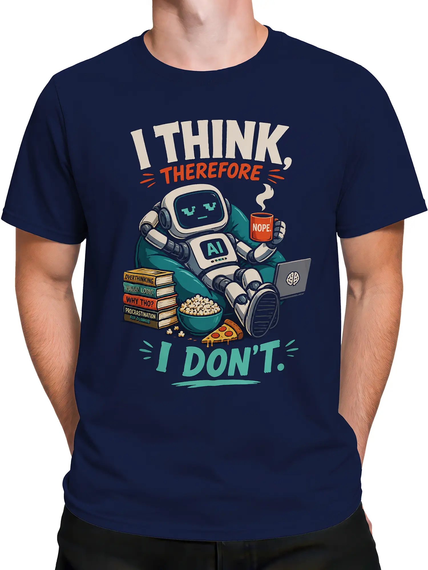 Male torso wearing a navy AI robot graphic tee with pizza, popcorn, books, and “I DON’T” text