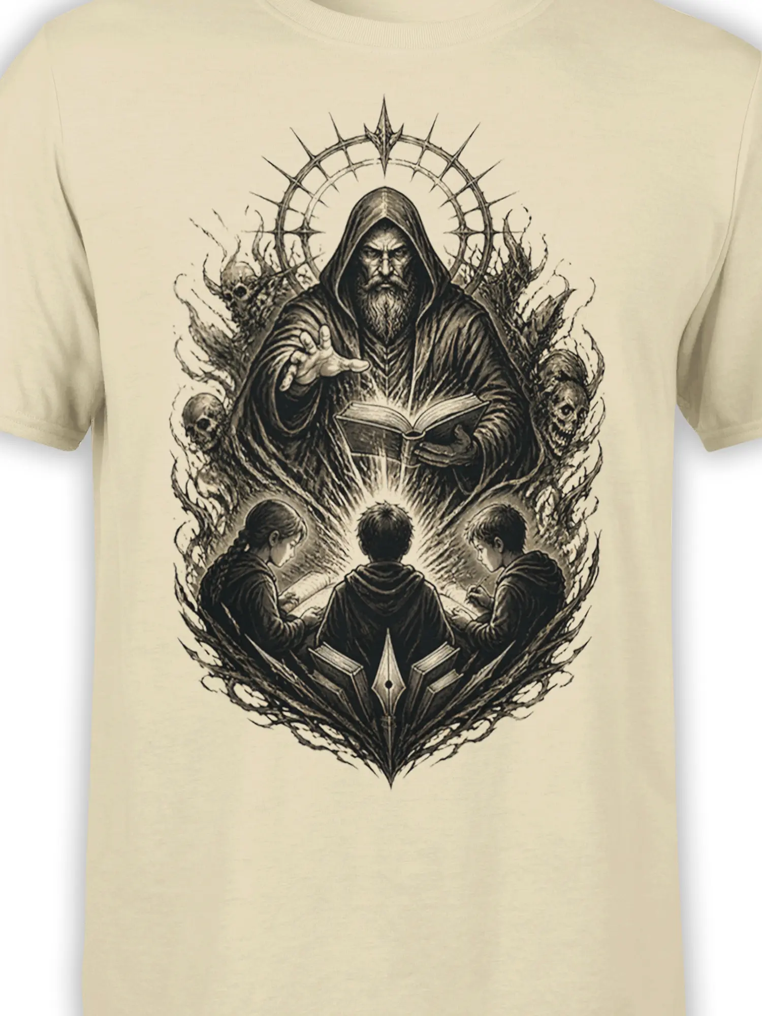 Close-up of hooded sage fantasy artwork with an open book, three readers, skulls, and circular symbols on beige fabric