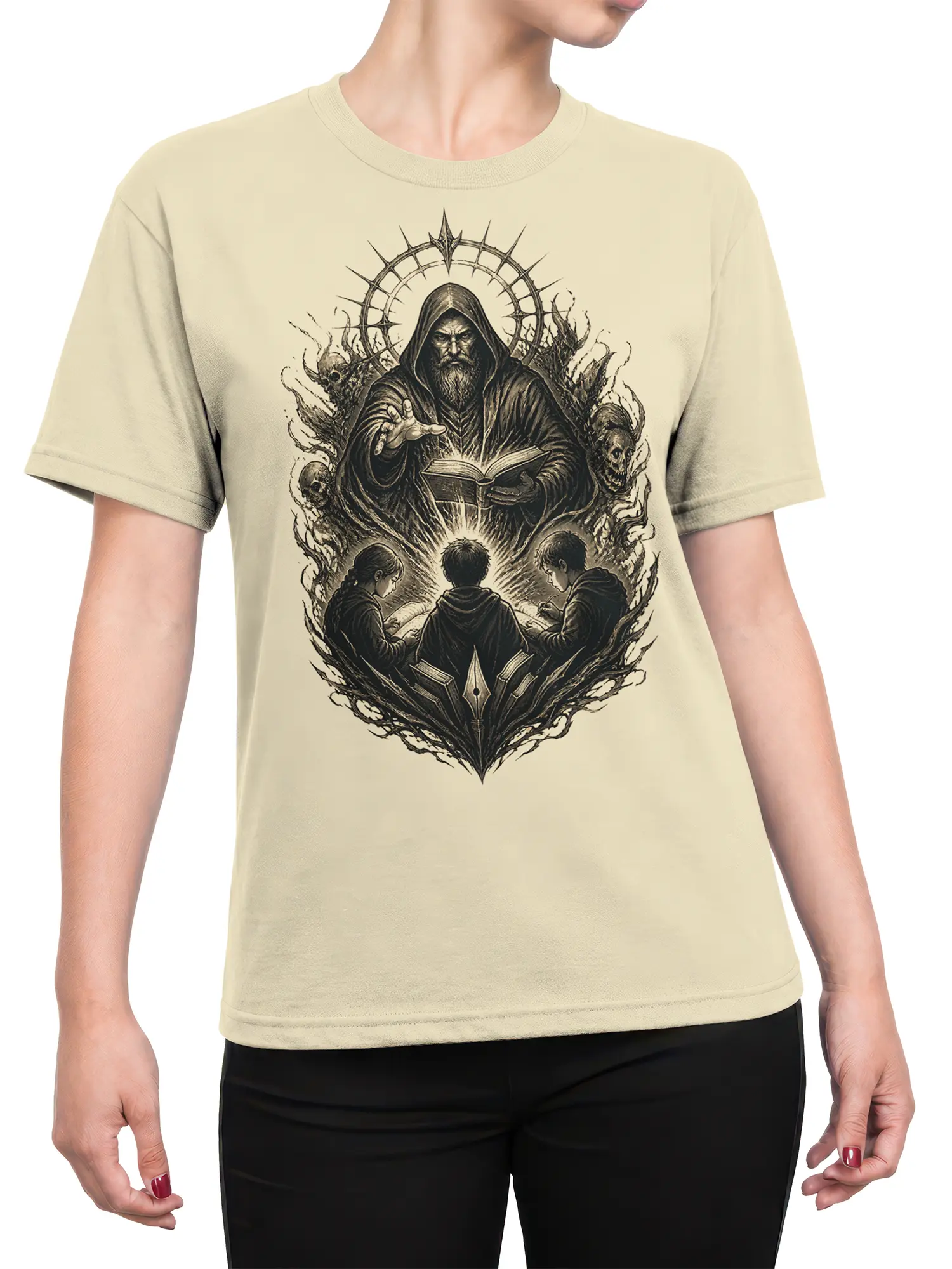 Female torso wearing a beige fantasy graphic tee with a hooded sage, open book, skulls, and three readers