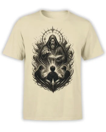 Beige fantasy T-shirt with a hooded bearded sage, open book, three readers, skulls, and dark symbols