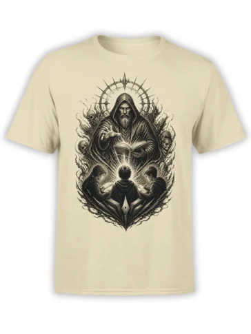 Beige fantasy T-shirt with a hooded bearded sage, open book, three readers, skulls, and dark symbols
