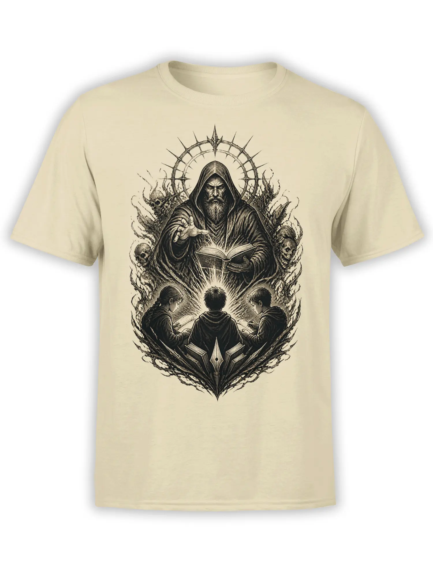 Beige fantasy T-shirt with a hooded bearded sage, open book, three readers, skulls, and dark symbols