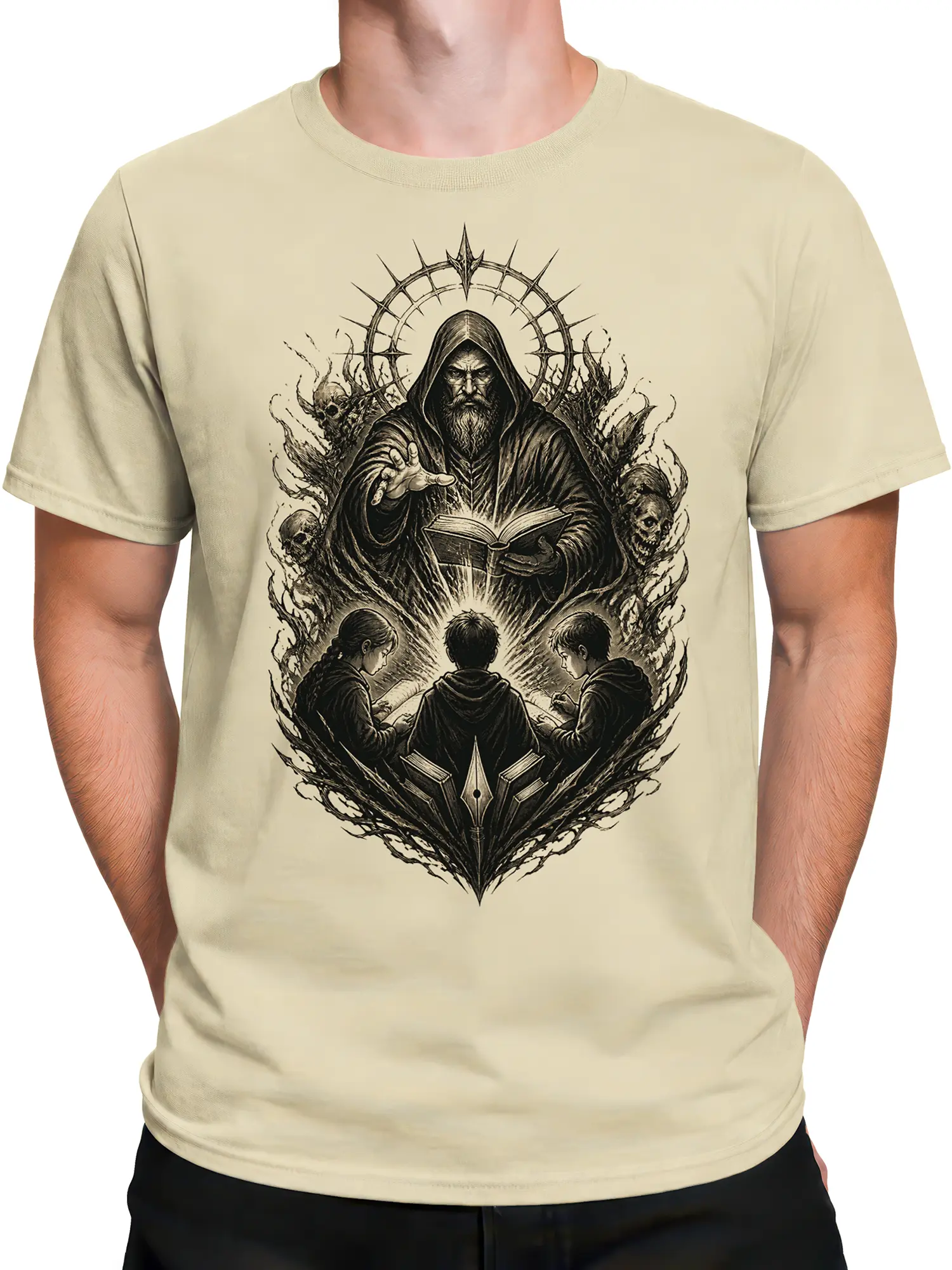 Male torso wearing a beige fantasy graphic tee with a hooded sage, open book, skulls, and three readers