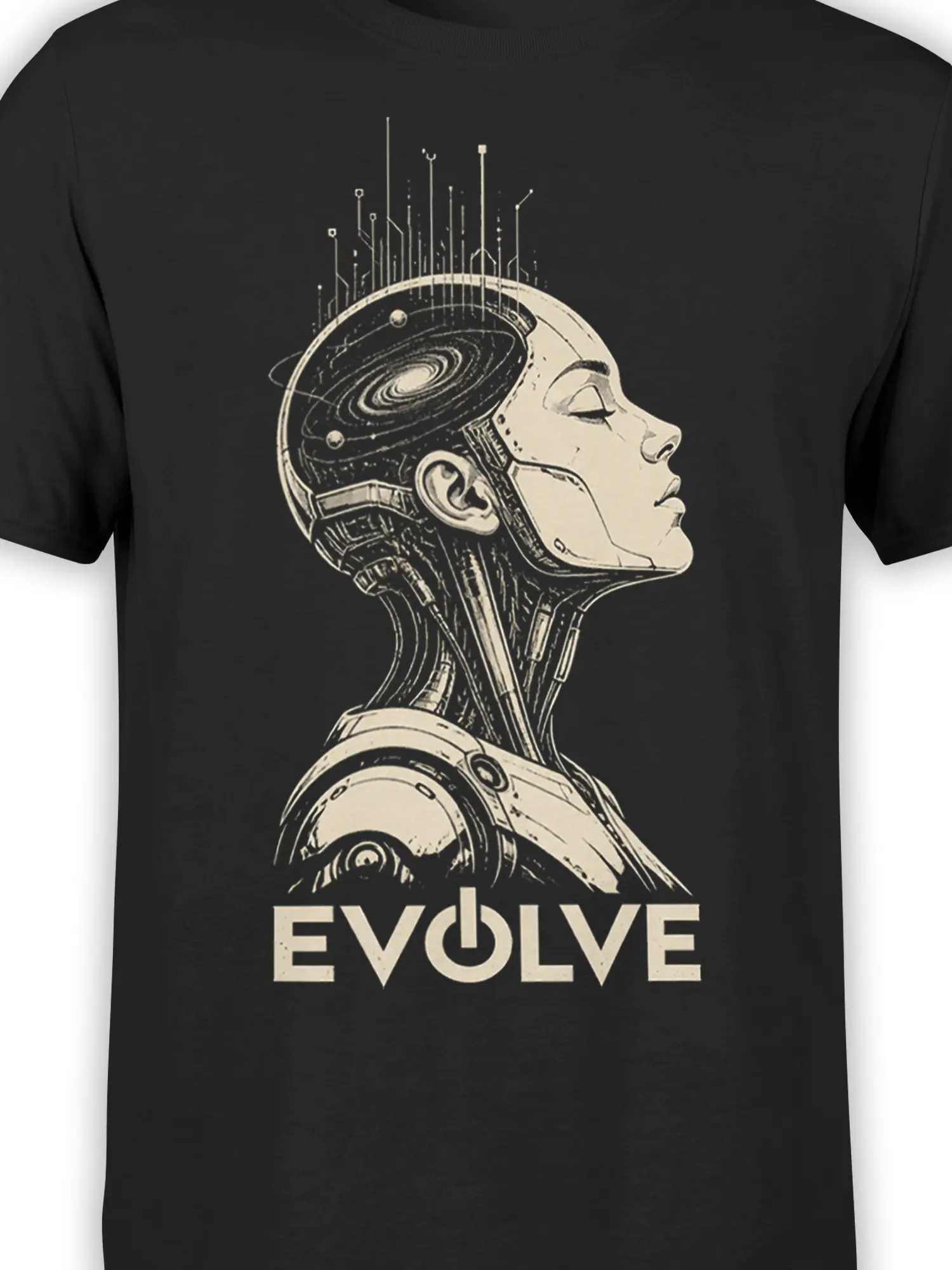 Close-up of futuristic robot portrait with cosmic galaxy details and EVOLVE text on a black t-shirt