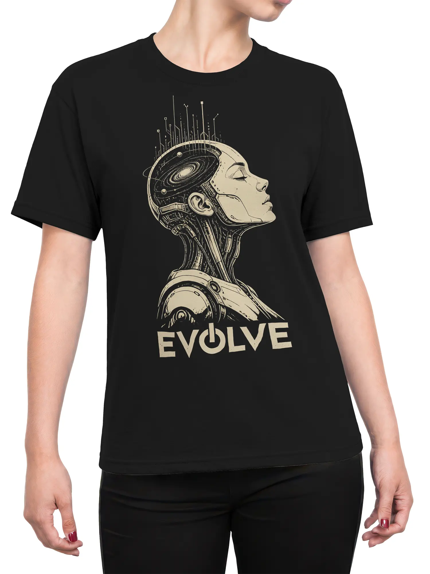 Female torso wearing a black futuristic robot t-shirt with galaxy head artwork and EVOLVE lettering
