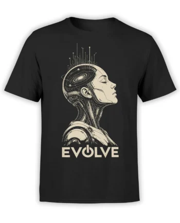 Futuristic humanoid robot t-shirt with galaxy circuit head and EVOLVE lettering on black fabric