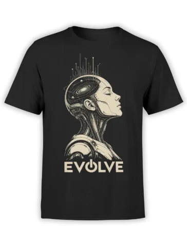 Futuristic humanoid robot t-shirt with galaxy circuit head and EVOLVE lettering on black fabric