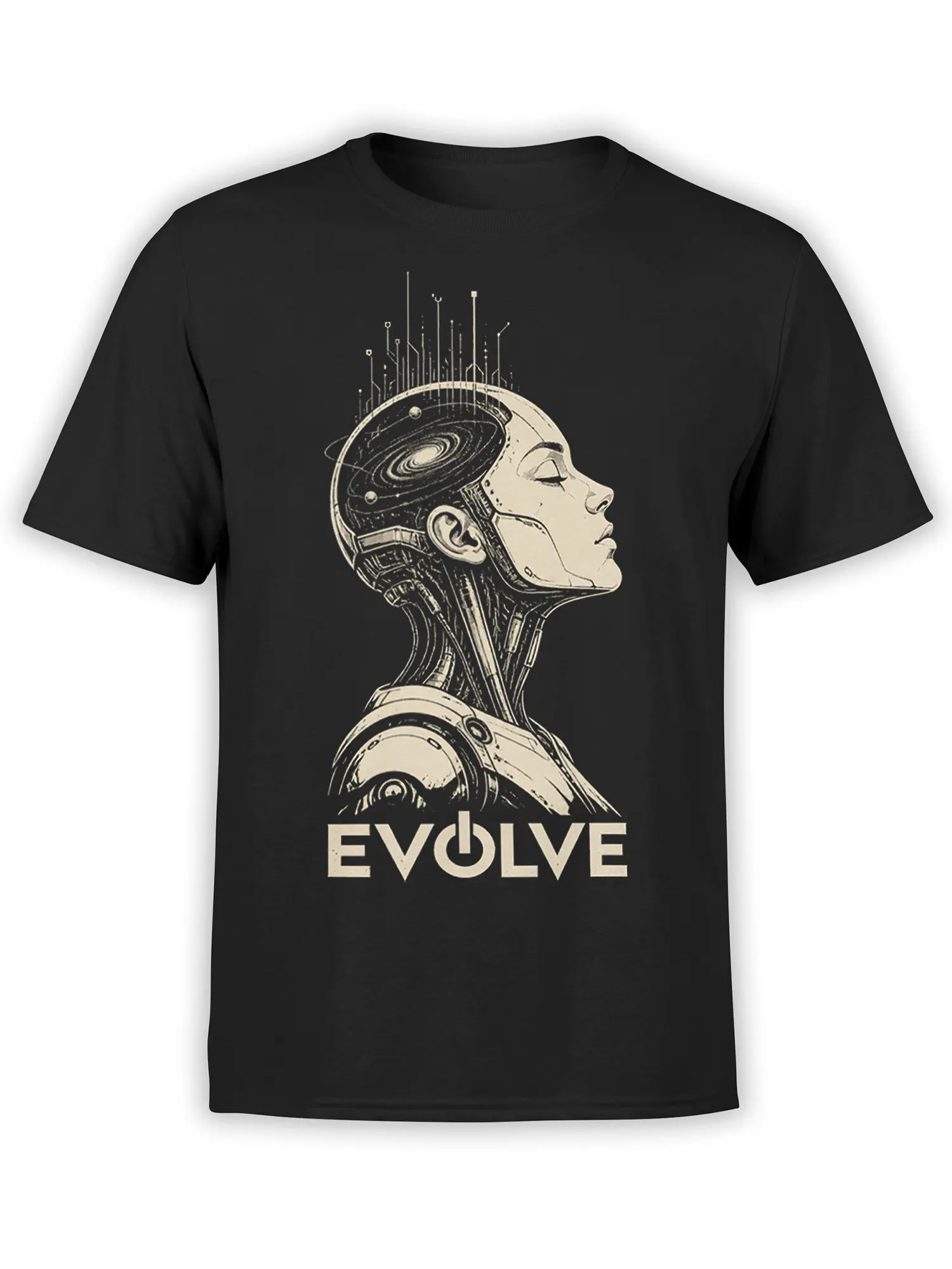 Futuristic humanoid robot t-shirt with galaxy circuit head and EVOLVE lettering on black fabric