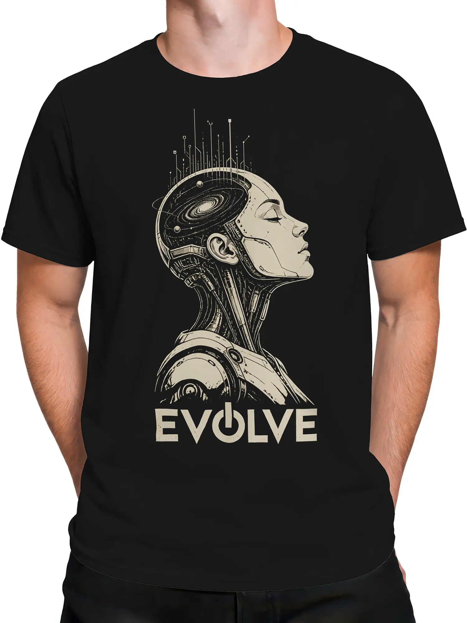 Male torso wearing black robot graphic tee with cosmic circuitry and EVOLVE lettering