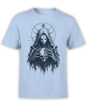 Hooded fantasy figure holding a cracked skull in skeletal hands on a light blue graphic T-shirt