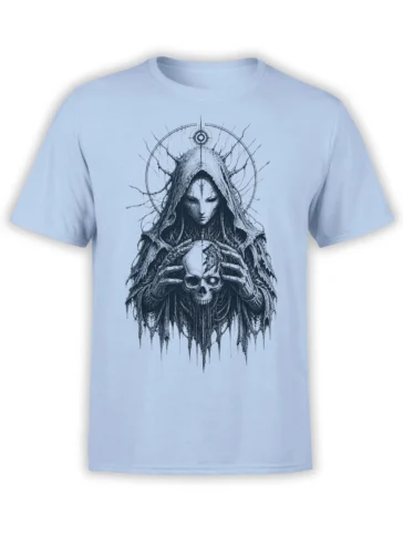 Hooded fantasy figure holding a cracked skull in skeletal hands on a light blue graphic T-shirt