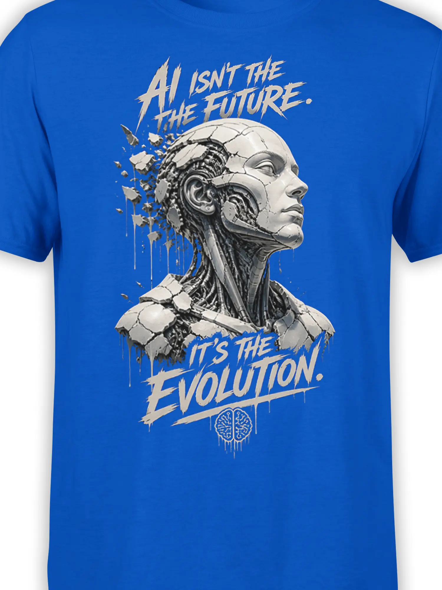 Close-up of blue robot T-shirt print with cracked android face, exposed mechanics, AI lettering, and brain symbol