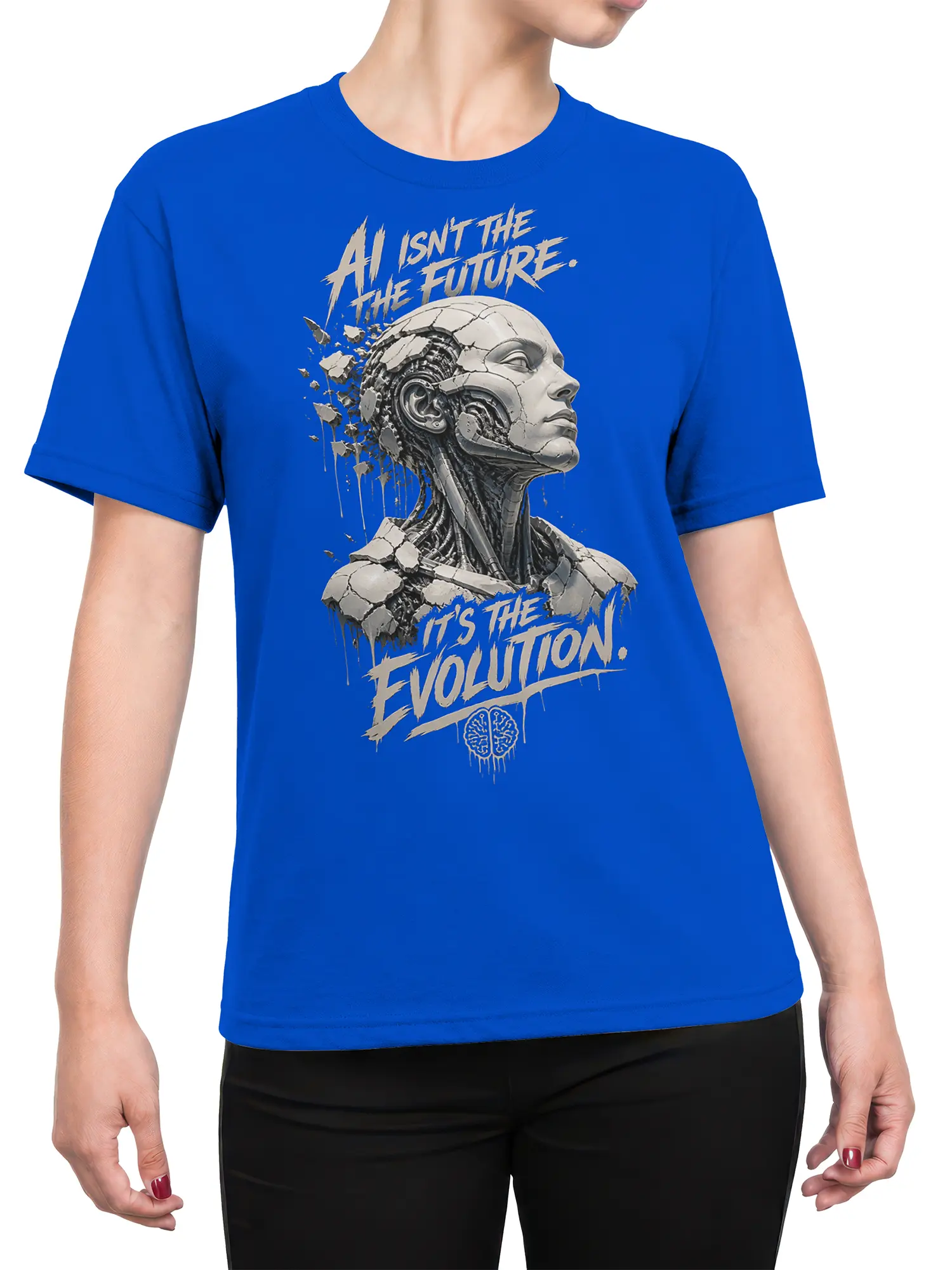 Female torso wearing a blue robot T-shirt with cracked android artwork, AI evolution text, and a small brain symbol