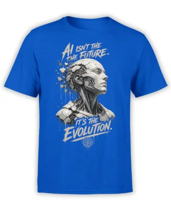 Blue robot T-shirt featuring a cracked humanoid android portrait, AI evolution message, and brain symbol