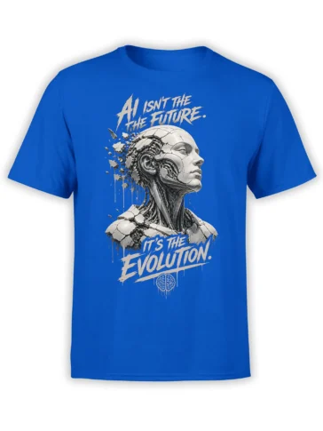 Blue robot T-shirt featuring a cracked humanoid android portrait, AI evolution message, and brain symbol
