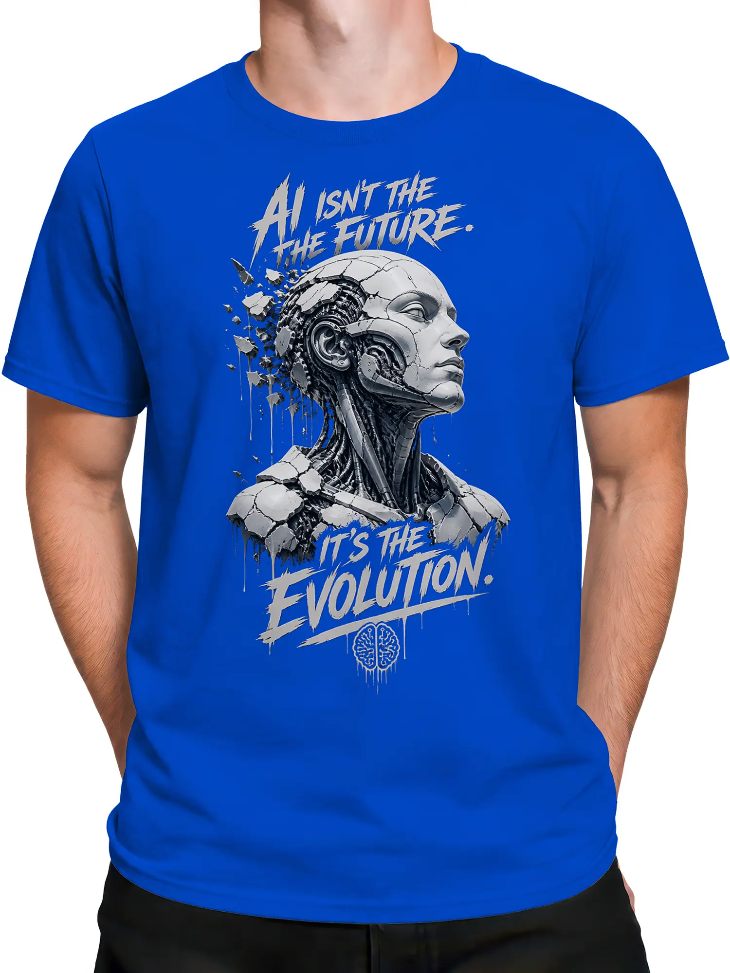 Male torso wearing a blue robot T-shirt with a cracked android portrait and AI evolution design